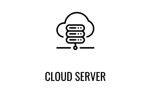 Dit beeld toont een icoon van een cloudserver met de tekst "CLOUD SERVER" eronder. Het icoon heeft een gestileerde wolk met drie lagen of rekken erin, die de serverinfrastructuur in een cloudomgeving vertegenwoordigen. Dit wordt vaak gebruikt om concepten gerelateerd aan cloudcomputing en gegevensopslagoplossingen via het internet weer te geven.