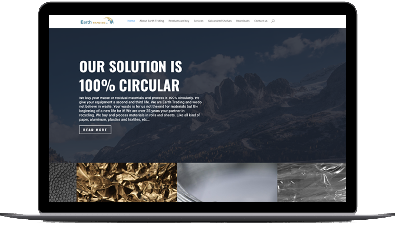 Een visueel aantrekkelijke webpagina over circulaire oplossingen, met een mooie achtergrondafbeelding van een natuurlijke omgeving. De pagina bevat een duidelijke oproep tot actie met de tekst 'OUR SOLUTION IS 100% CIRCULAR', en een informatieve sectie waarin staat dat ze afval en residumaterialen kopen en deze 100% circulair verwerken.