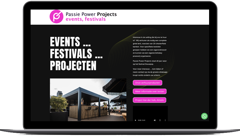 Een laptop met een weergave van een evenementen- en festivalproject voor Passie Power Projects