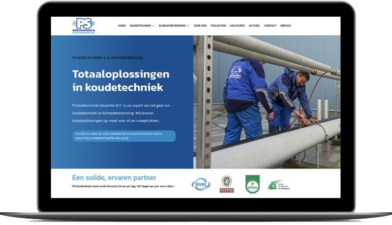 Laptopweergave van de PS Koeltechniek website met oplossingen in koudetechniek en klimaatbeheersing.