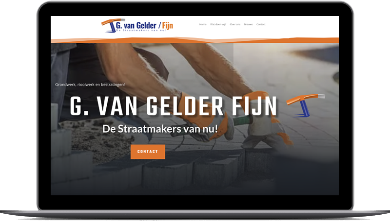 de rand is een laptop met daar op een website van een straatenmakers bedrijf dat bedrijf heet van gelder fij