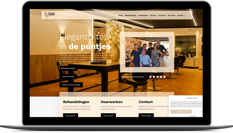 figaro de rand is een laptop met daar op een website die gemaakt is voor hosting, marketing, seo en drukwerk