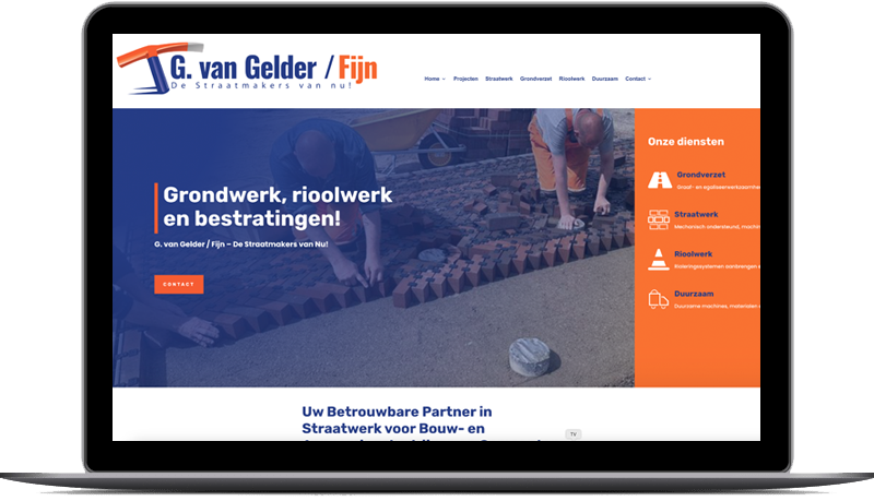 gelder fijn de rand is een laptop met daar op een website van een straatenmakers bedrijf dat bedrijf heet van gelder fij
