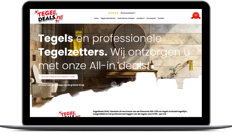 tegeldeals de rand is een laptop met daar op een website die gemaakt is voor hosting, marketing, seo en drukwerk